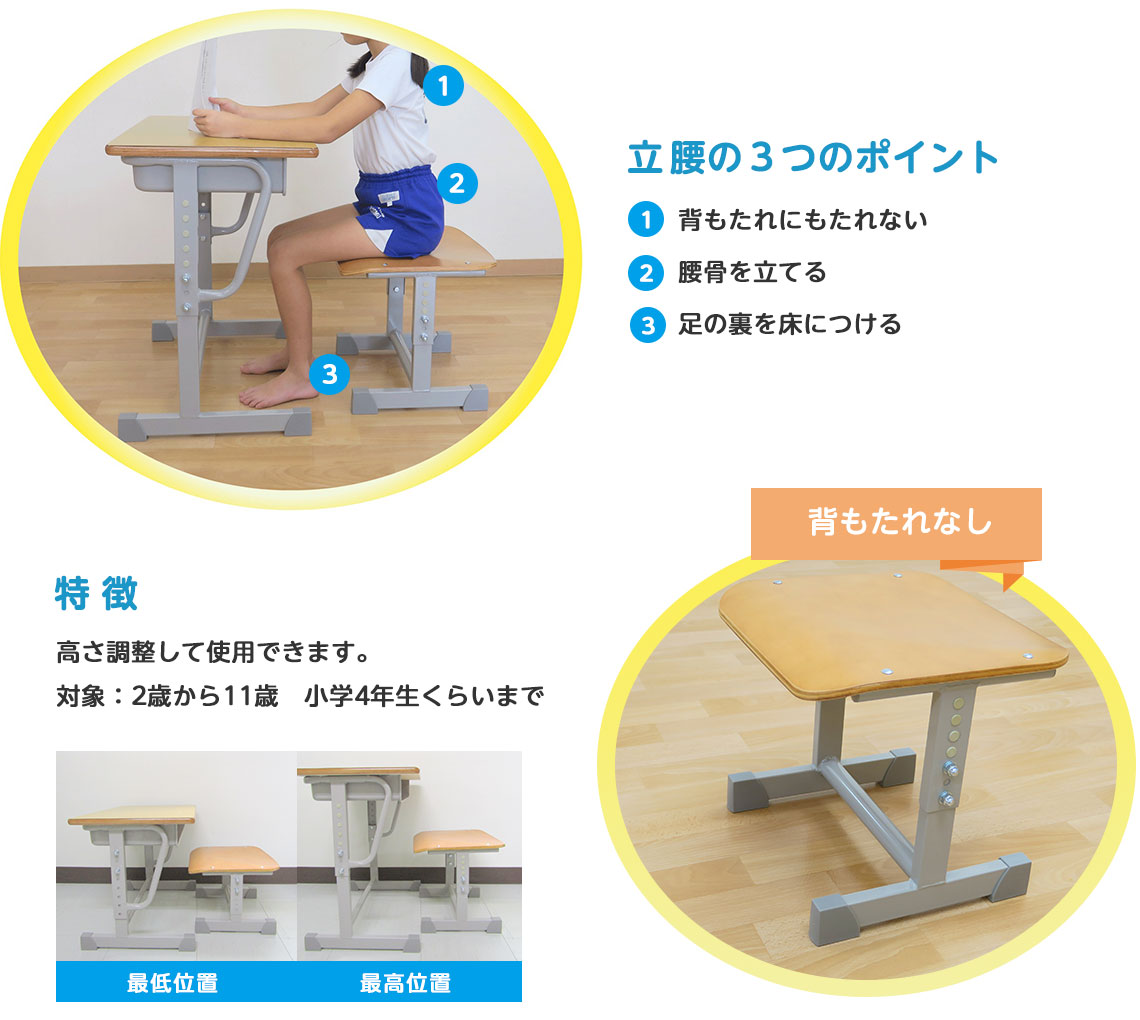 立腰の３つのポイント　1.背もたれにもたれない 2.腰骨を立てる 3.足の裏を床につける　特徴：高さ調整して使用できます。対象：2歳から11歳　小学4年生くらいまで